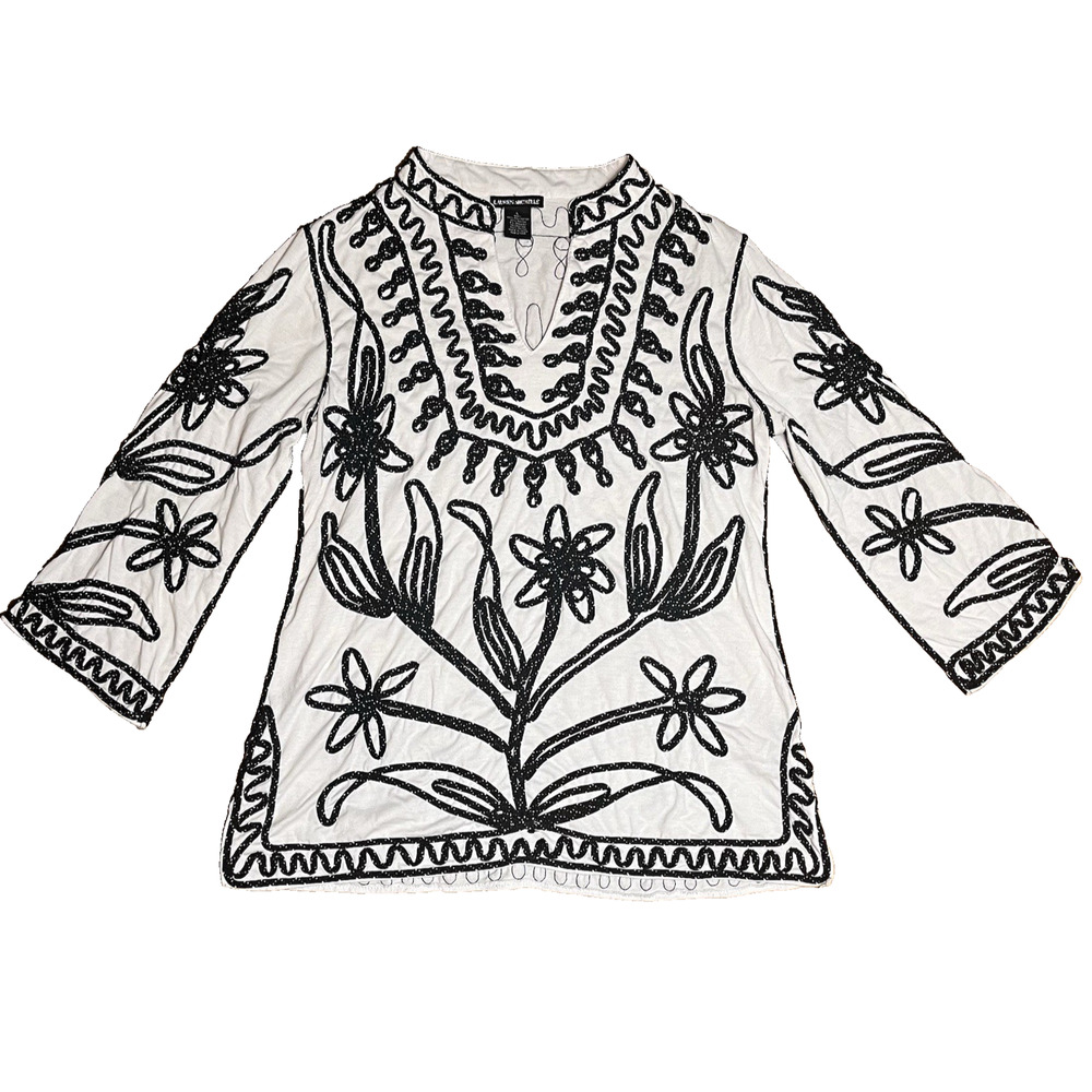 Lauren Michelle White Embroidered Rope Stretch Tunic V-Neck 3/4 Sleeve Top Large